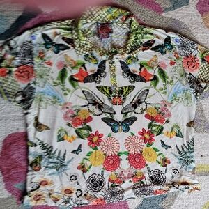 Johnny Was White Floral & Butterfly Print Short Sleeve Tee